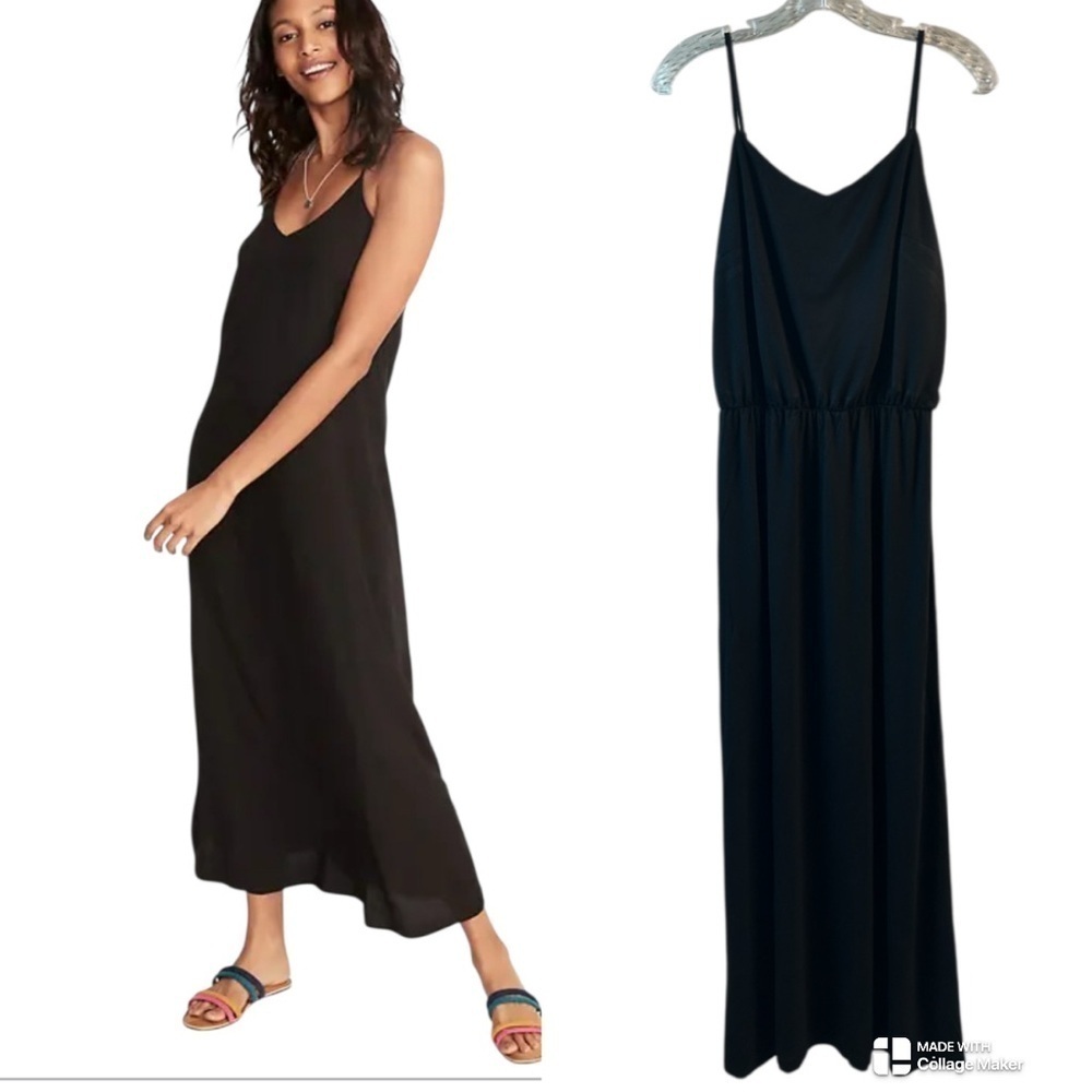 GAP Black waist defining viscose Spaghetti Strap Sundress Maxi adjustable straps